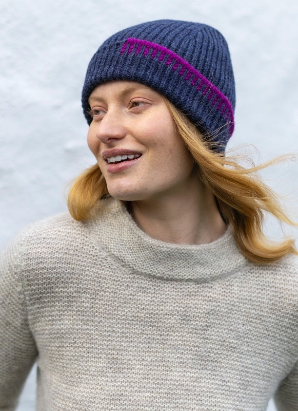 Blanket Stitch Hat - Indigo/Foxglove - Fisherman Out of Ireland - on Model - side