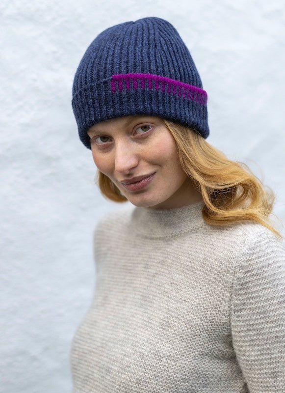 Blanket Stitch Hat - Indigo/Foxglove - Fisherman Out of Ireland - on Model