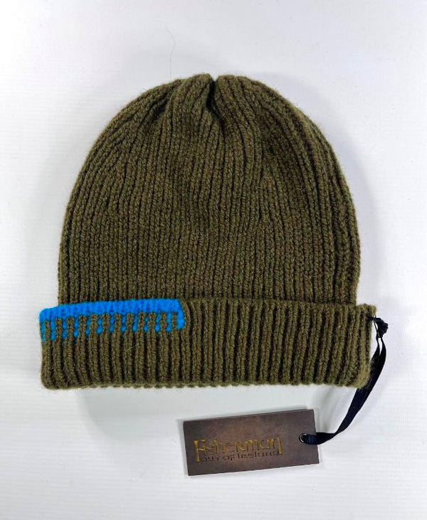 Blanket Stitch Hat - Olive and Sky - Fisherman Out of Ireland