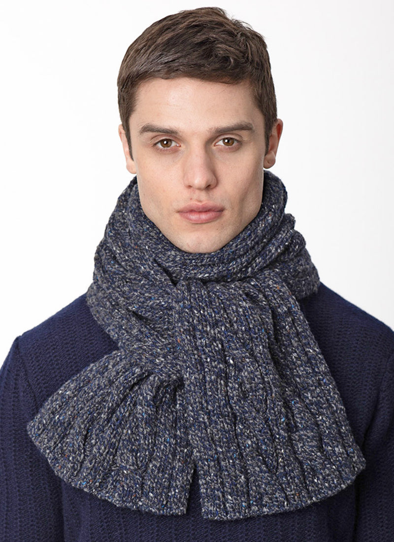 Cable and Rib Scarf – Navy Slate - Fisherman Out of Ireland - on model