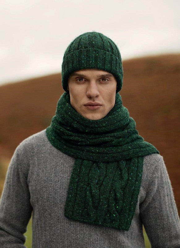 Cable and Rib Scarf and Ribbed Hat - Bottle Green - Fisherman Out of Ireland