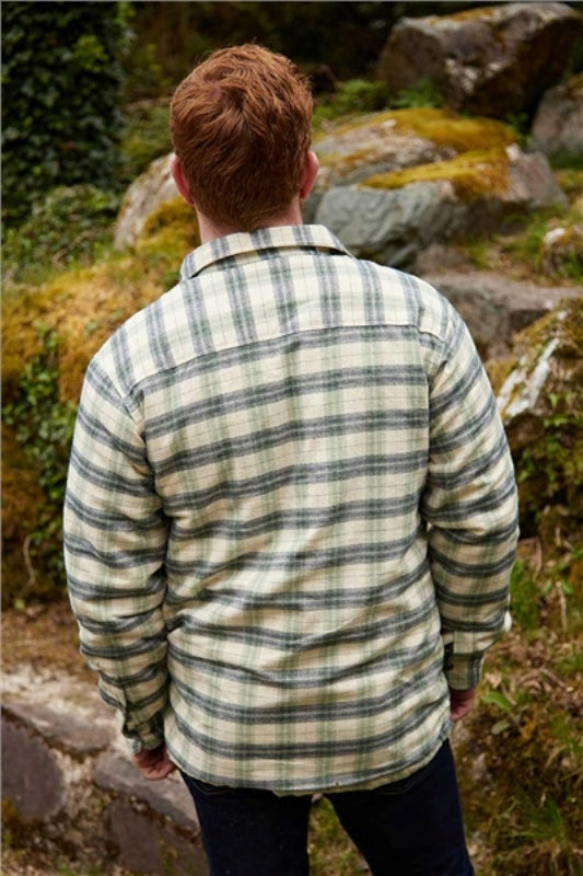 Collar Fleece Lined Flannel Shirt - Ecru, Green and Navy Check - Lee Valley - on model, back