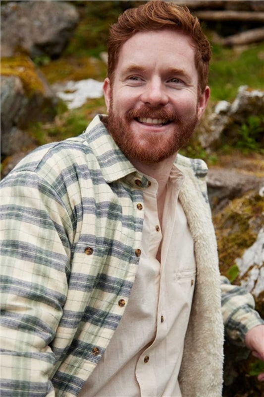 Collar Fleece Lined Flannel Shirt - Ecru, Green and Navy Check - Lee Valley - on model close up