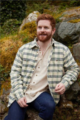 Collar Fleece Lined Flannel Shirt - Ecru, Green and Navy Check - Lee Valley - on model