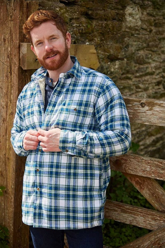 Collar Fleece Lined Flannel Shirt – Douglas Blue Tartan - Lee Valley - on model