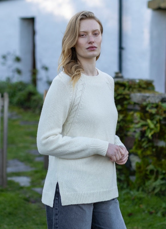 Crew Raglan Sweater with cable details - Ecru - Fisherman Out of Ireland