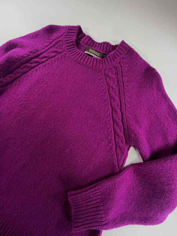 Crew Raglan Sweater with cable details - Foxglove - Fisherman Out of Ireland - close up