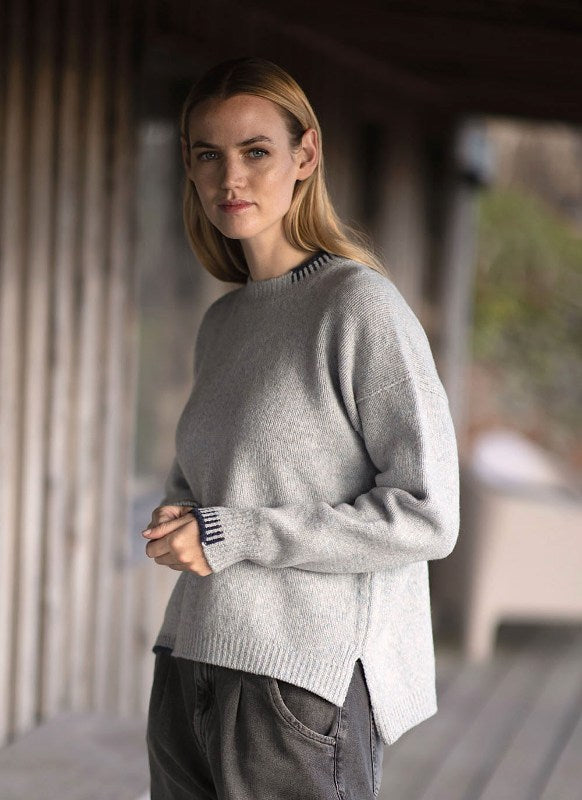 Crew neck sweater with blanket stitch detailing – Cloud and Indigo - Fisherman Out of Ireland - side