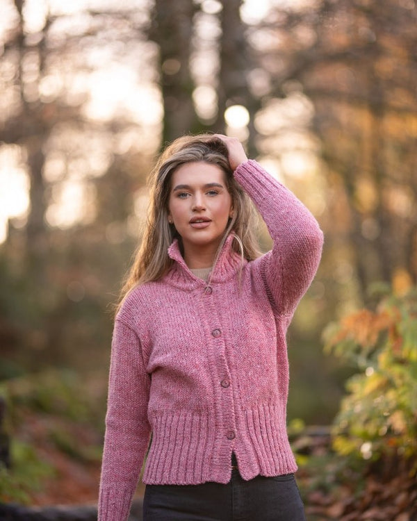 Cropped Panel Cardigan – Speckled Dusty Pink – Rossan Knitwear - on model