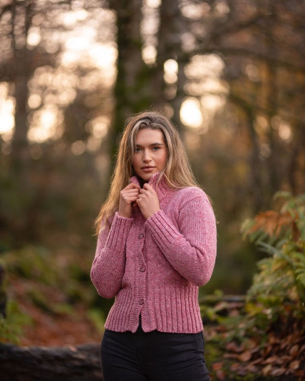 Cropped Panel Cardigan – Speckled Dusty Pink – Rossan Knitwear - on model 2