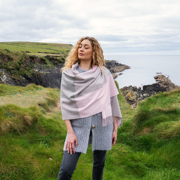 Fine Merino Oversized Scarf - Baby Pink Glencheck - John Hanly - on model 2