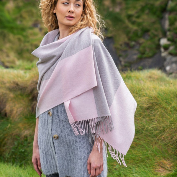 Fine Merino Oversized Scarf - Baby Pink Glencheck - John Hanly - on model