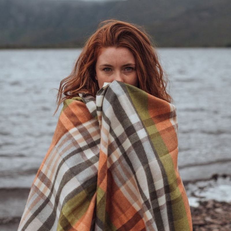 Fine Merino Oversized Scarf - Cream, Orange and Green plaid - John Hanly - on model