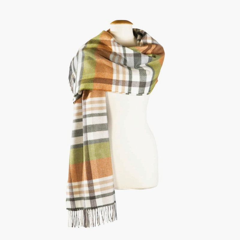 Fine Merino Oversized Scarf - Cream, Orange and Green plaid - John Hanly