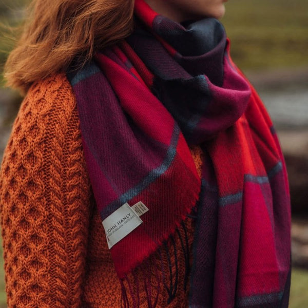 Fine Merino Oversized Scarf - Navy, Red and Purple Block - John Hanly - close up