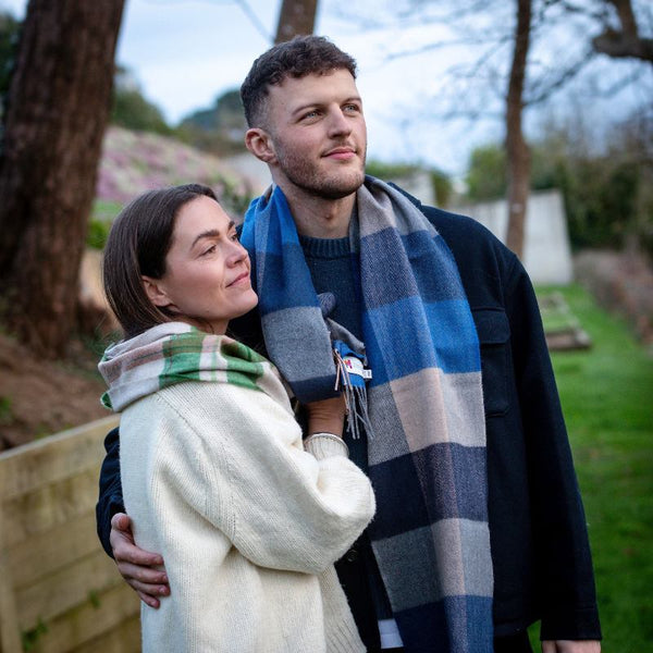 Fine Merino Scarf - Blue and Biscuit Plaid - John Hanly - on model