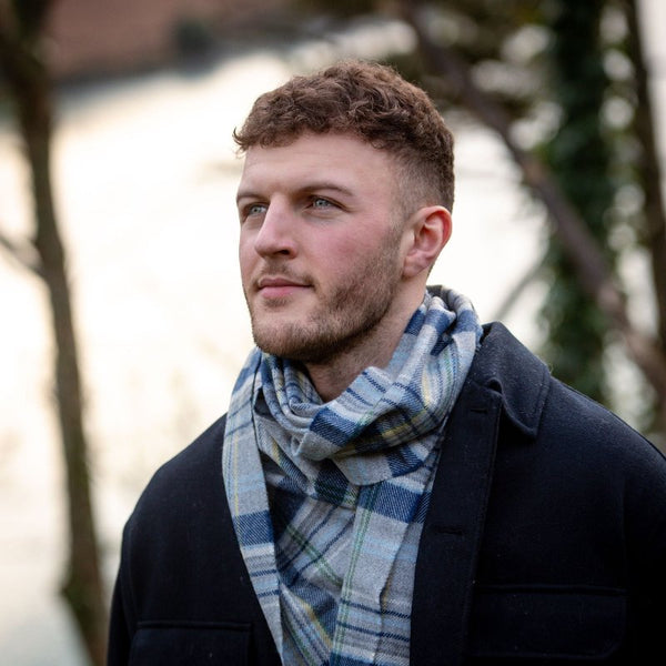 Fine Merino Scarf - Grey, Blue and Yellow Plaid - John Hanly - on model