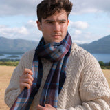 Fine Merino Scarf - Navy, Wine and Denim Check - John Hanly - on model