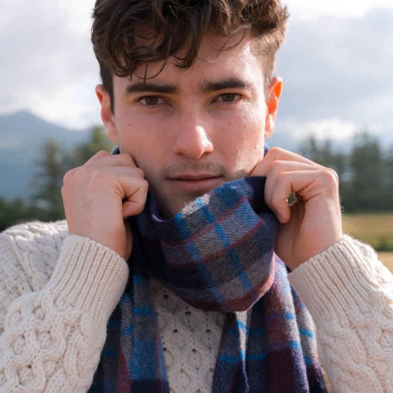 Fine Merino Scarf - Navy, Wine and Denim Check - John Hanly - on model - close up