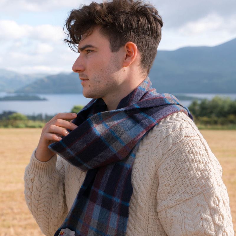 Fine Merino Scarf - Navy, Wine and Denim Check - John Hanly - on model