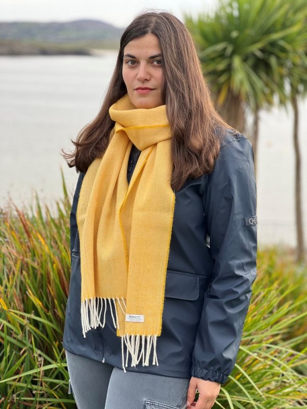 Herringbone Lambswool Scarf - Sunflower - McNutt of Donegal - on model