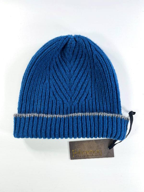 Herringbone Rib Stitch Hat with Tipping Stripe - Blue and Grey - Fisherman Out of Ireland