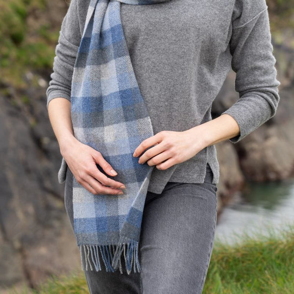 Lambswool Scarf - Blue and Grey Block Check - John Hanly - on model - close up