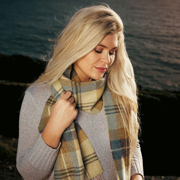 Lambswool Scarf - Straw, Blue and Brown Plaid - John Hanly - on model