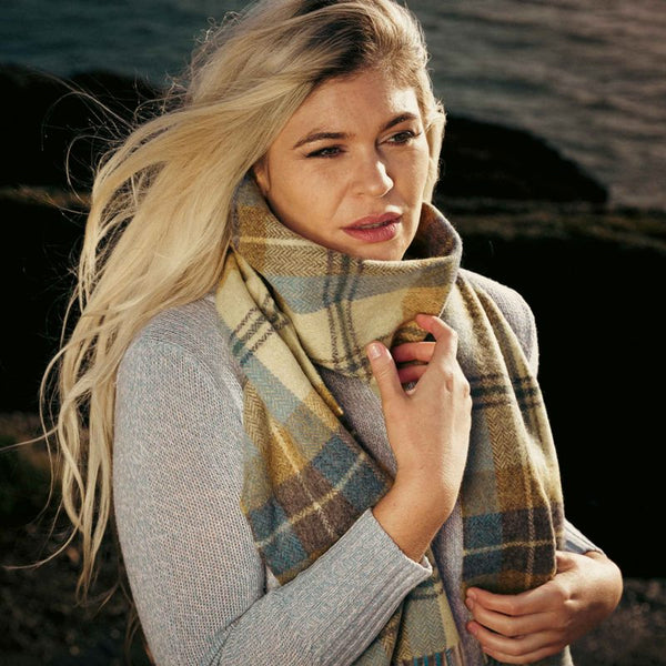 Lambswool Scarf - Straw, Blue and Brown Plaid - John Hanly - on model 2