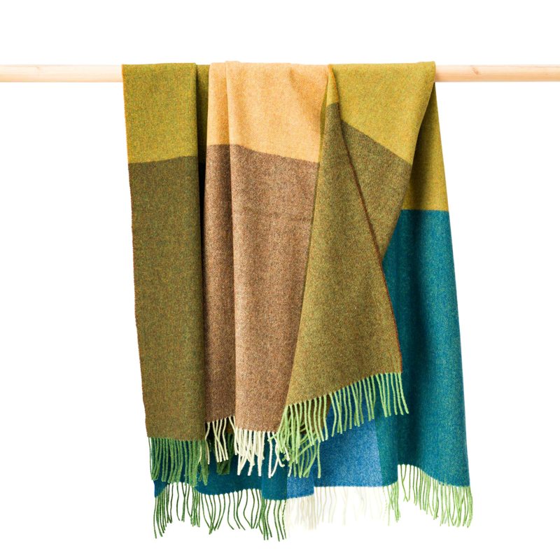 Lambswool Throw - Blue, Green and Mustard Tan Large Blocks - John Hanly