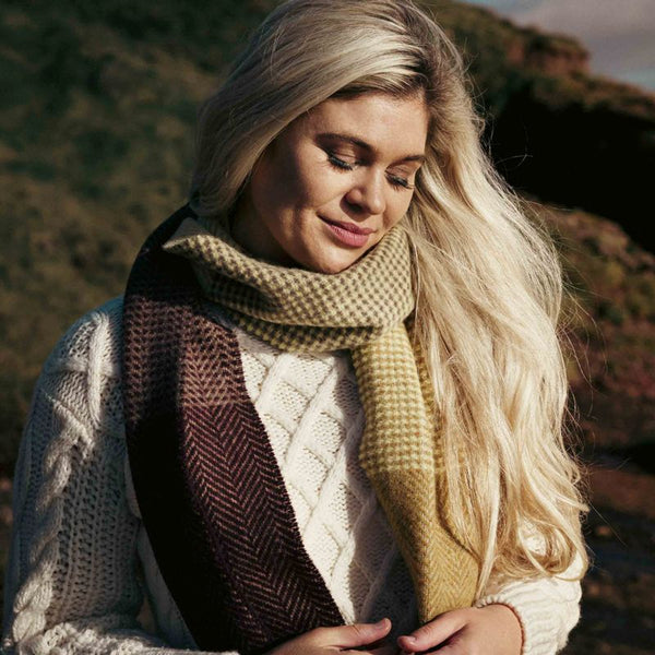 Merino and Cashmere Scarf - Mustard, gold, clay and wine Herringbone - John Hanly - on model