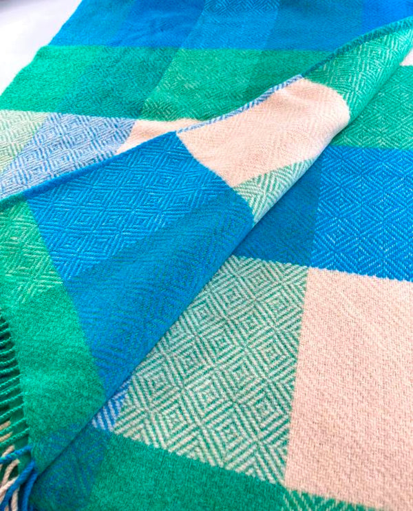 Merino and Cashmere Throw - Green, Aqua and Cream Large Blocks - John Hanly - detail