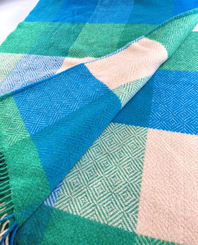 Merino and Cashmere Throw - Green, Aqua and Cream Large Blocks - John Hanly - detail