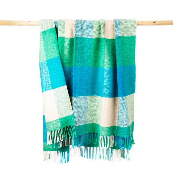 Merino and Cashmere Throw - Green, Aqua and Cream Large Blocks - John Hanly