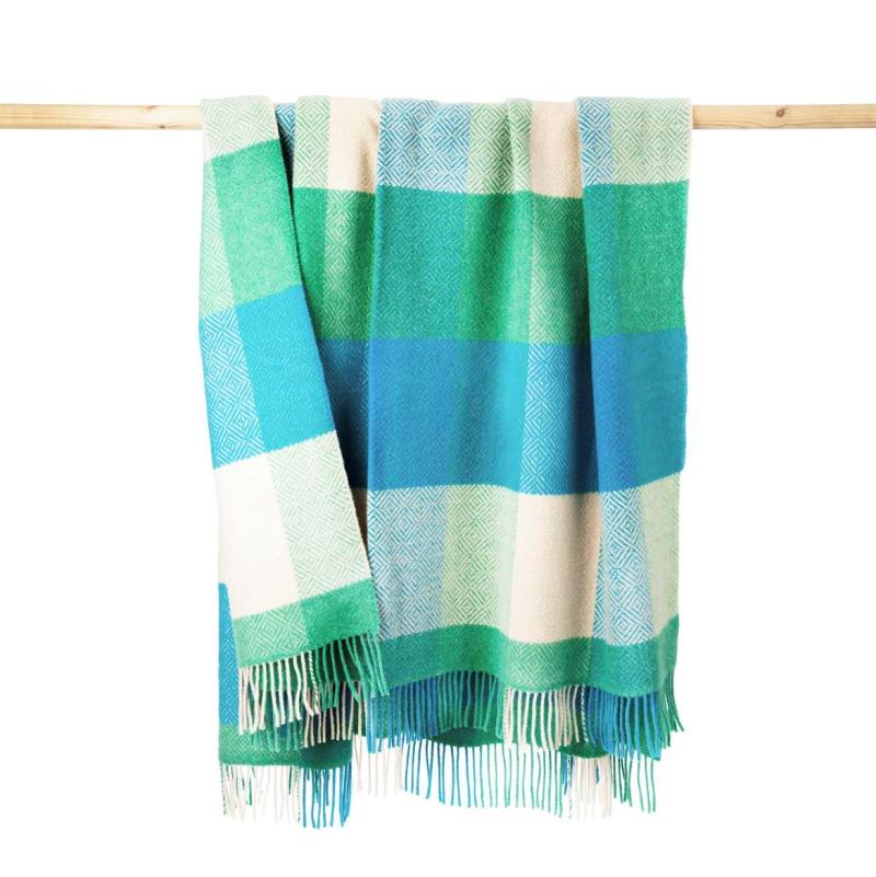 Merino and Cashmere Throw - Green, Aqua and Cream Large Blocks - John Hanly