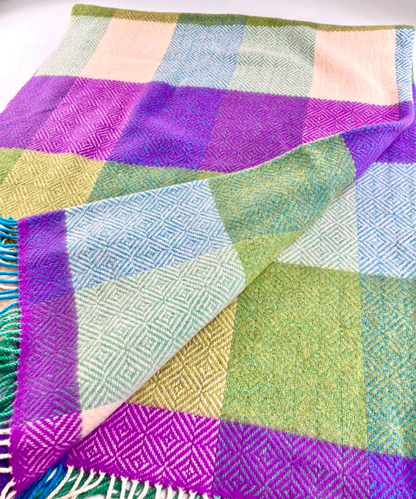 Merino and Cashmere Throw - Purple, Green, Olive Large Blocks - John Hanly - detail