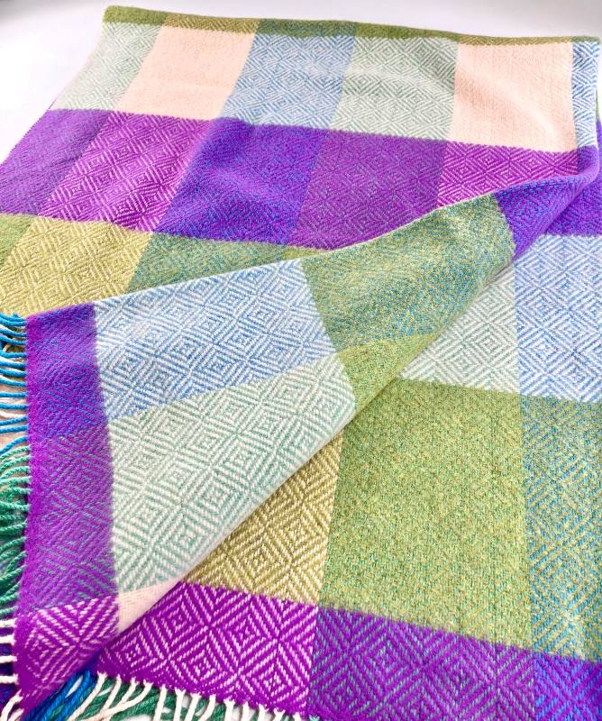 Merino and Cashmere Throw - Purple, Green, Olive Large Blocks - John Hanly - detail