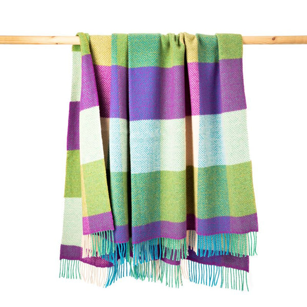 Merino and Cashmere Throw - Purple, Green, Olive Large Blocks - John Hanly