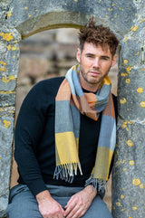 Orange and Smoke Check Lambswool Scarf - McNutt of Donegal - on model