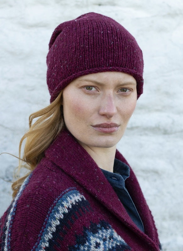 Slouchy Hat with roll edge - Berry - Fisherman Out of Ireland - on model