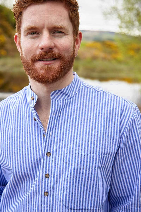 Vintage Granddad Shirt - Lee Valley - Blue Stripes - on model close up