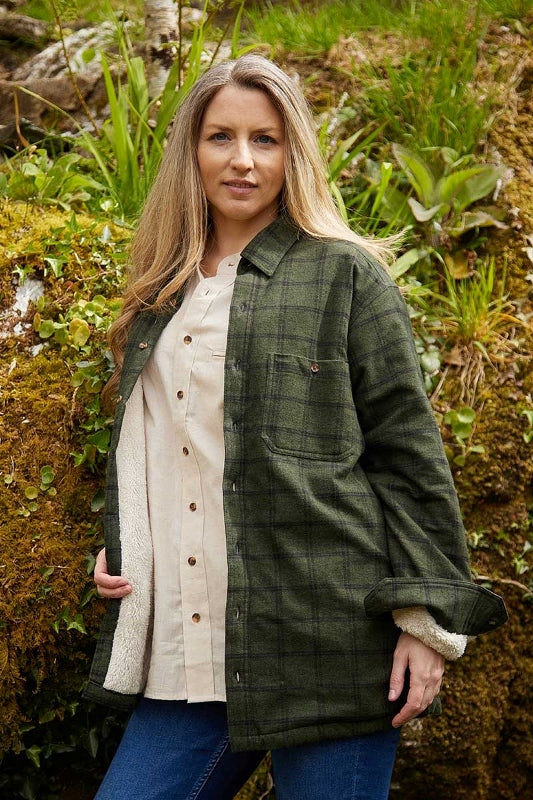 Women Collar Fleece Lined Flannel Shirt – Forest Green and Black Check- Lee Valley - on model