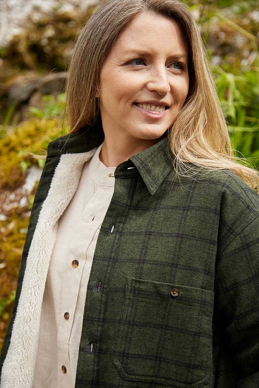 Women Collar Fleece Lined Flannel Shirt – Forest Green and Black Check- Lee Valley - on model - close up