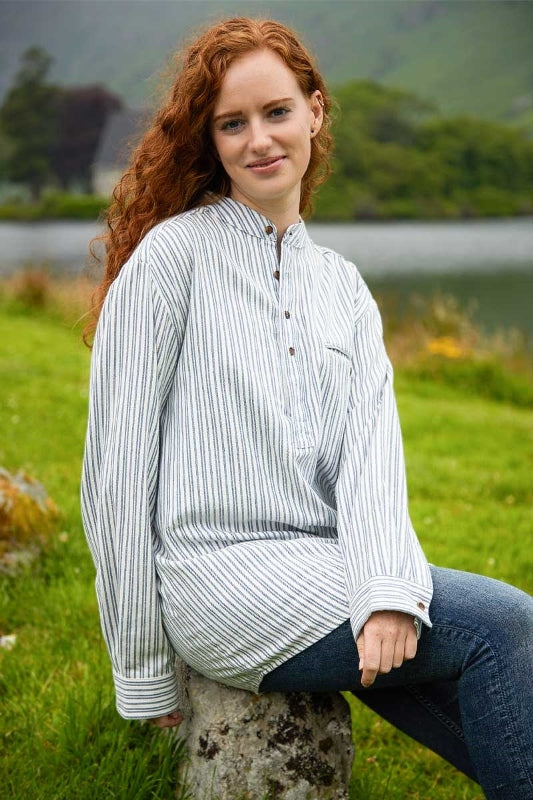 Women Flannel Granddad Shirt - Double Blue Stripes on Ivory - Lee Valley - on model