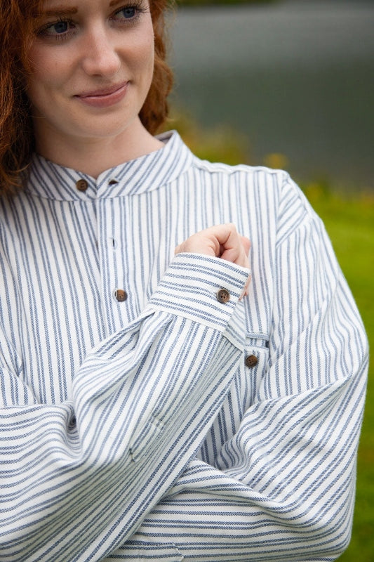 Women Flannel Granddad Shirt - Double Blue Stripes on Ivory - Lee Valley - sleeve detail