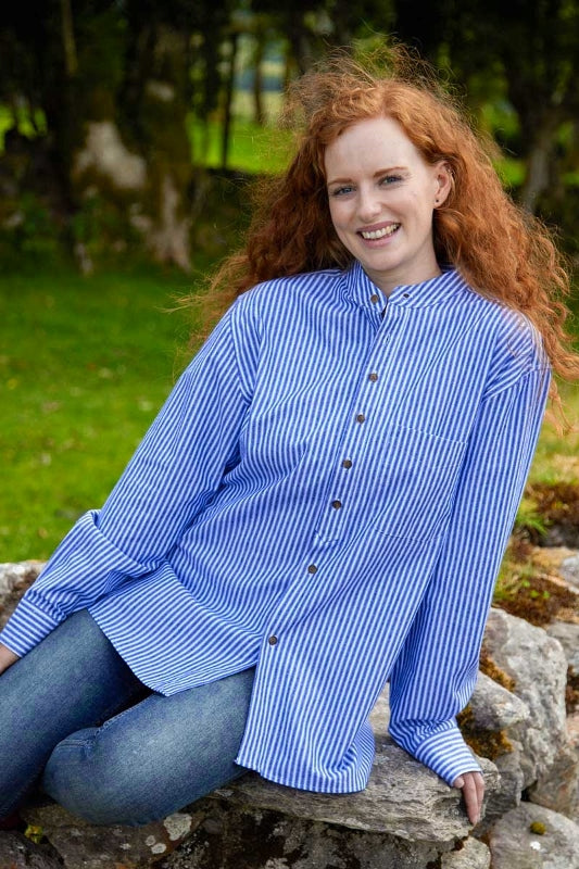 Women Vintage Granddad Shirt - Blue Stripes - Lee Valley - on model