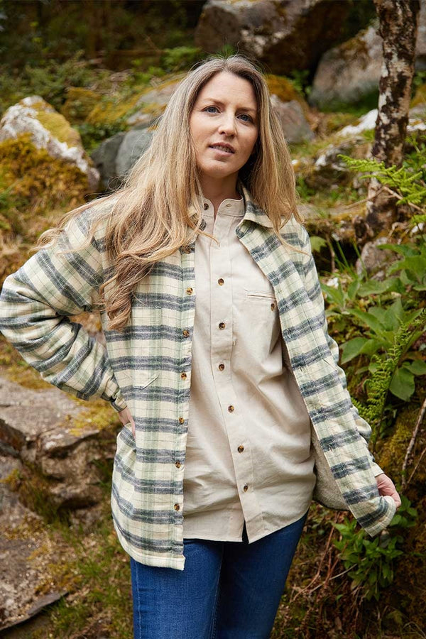 Women Collar Fleece Lined Flannel Shirt - Ecru, Green and Navy Check - Lee Valley - on model