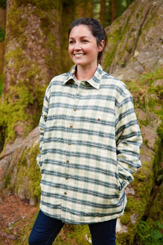 Women Collar Fleece Lined Flannel Shirt - Ecru, Green and Navy Check - Lee Valley - on model 2