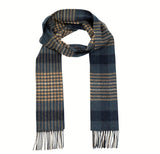 Lambswool Scarf - Denim, Navy and Beige Block Check - John Hanly